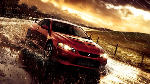 Mitsubishi Lancer Evolution drifting on wet rural road at dusk