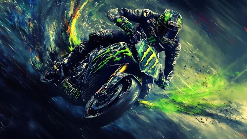 Neon storm rider carving liquid velocity on monster bike.