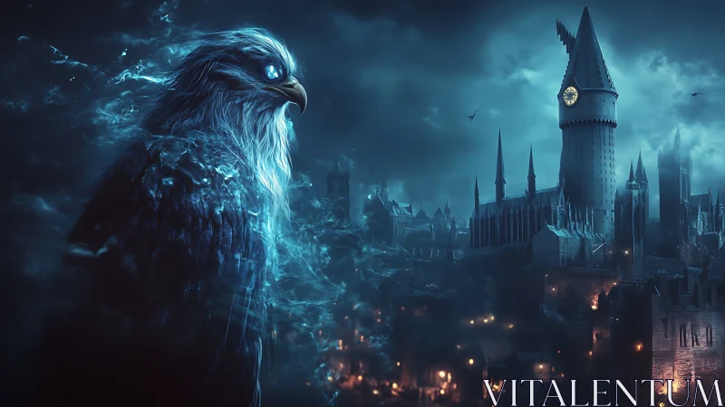 Spectral ice griffin watches over a stormlit gothic citadel.