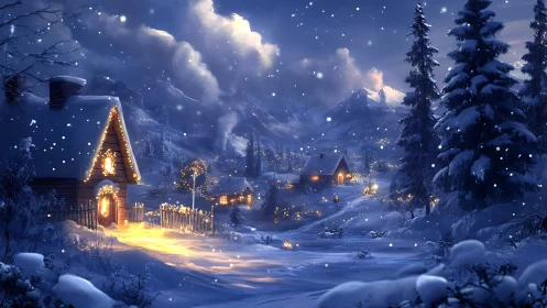 Snow covered village with illuminated cabins at night.