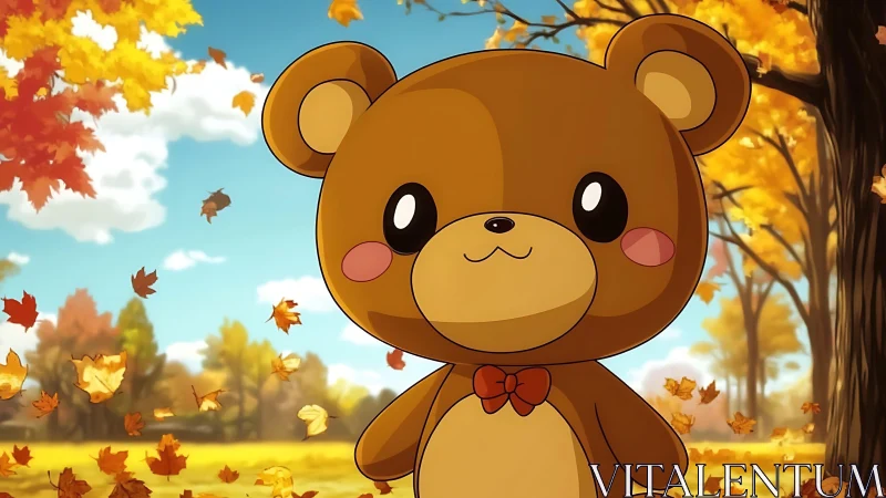 Cartoon bear character in autumn park landscape scene.