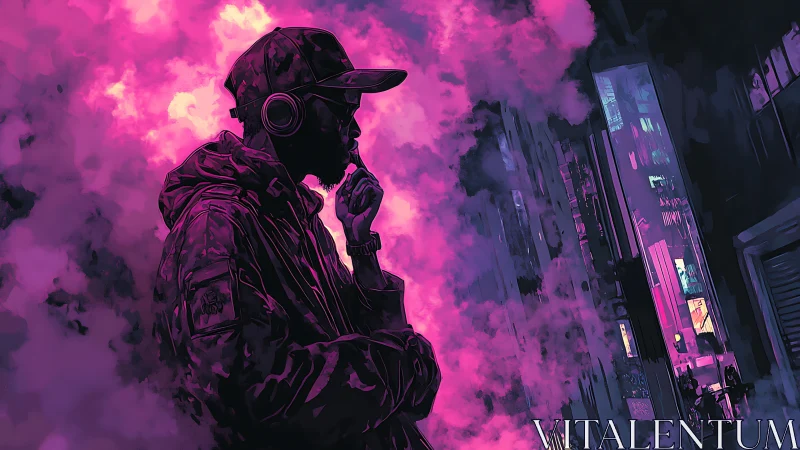 Neon night thoughts with a quiet beat in the city haze.