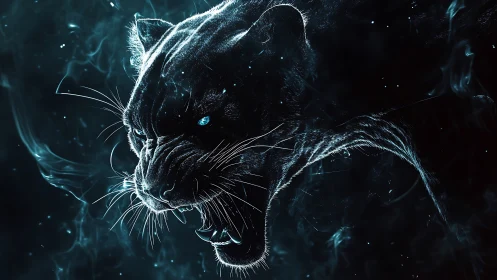 Black Panther with Luminescent Blue Eyes in Cosmic Darkness.