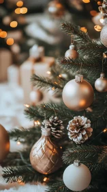 Golden and white ornaments glow on a cozy Christmas tree.