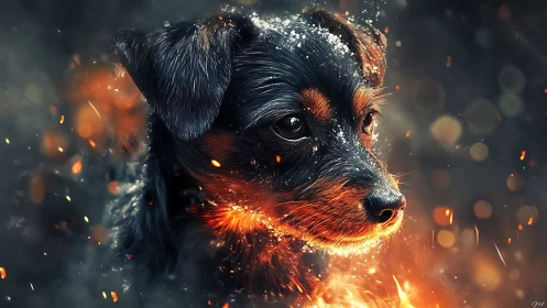 Canine portrait in ember-snow particle interplay rendering.