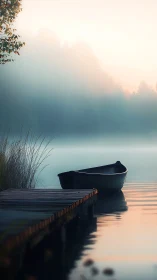 Rowboat beside wooden dock on misty reflective lake.