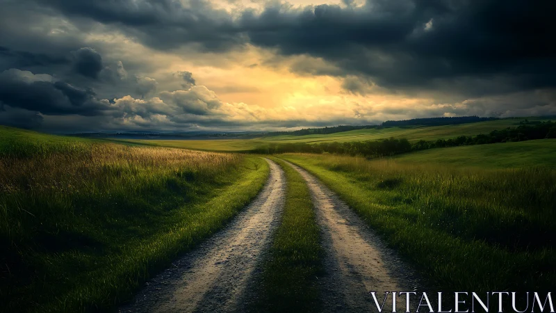 Gravel country road under dramatic storm-lit sunset sky.