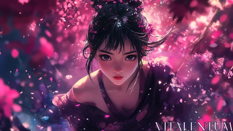 Blossom-lit anime maiden beneath swirling sakura petals.