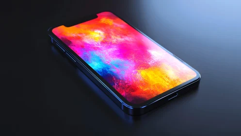 Modern smartphone on dark surface with vibrant abstract screen.