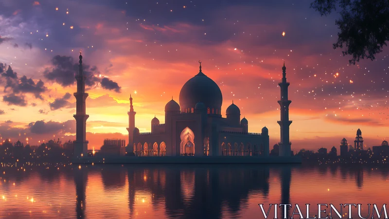 Dreamlike mosque glows beside tranquil water at sunset.