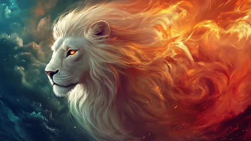 Majestic white lion merges into fiery nebular mane in profile