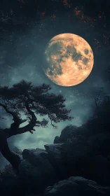 Large full moon above rocky hillside and lone tree at night.
