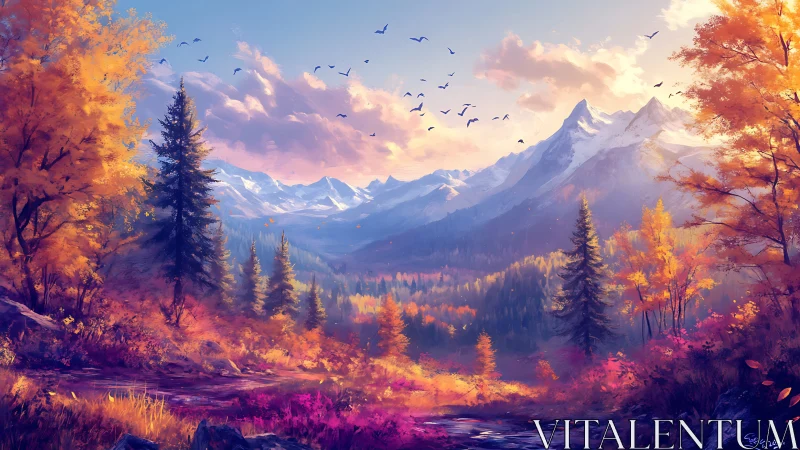 Autumn mountain valley with river, forest and distant peaks.