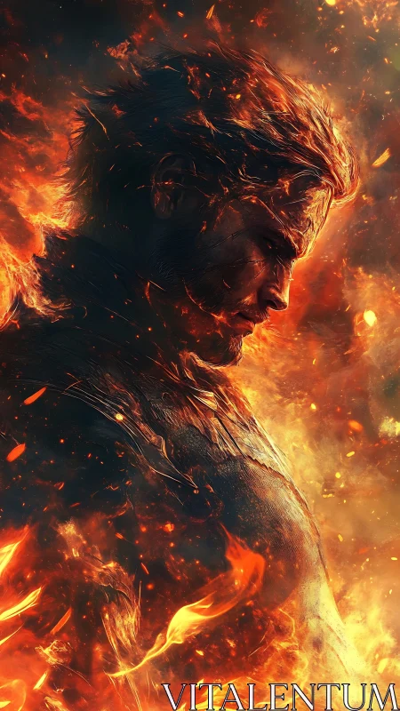 Solitary male figure engulfed in stylized swirling flames.