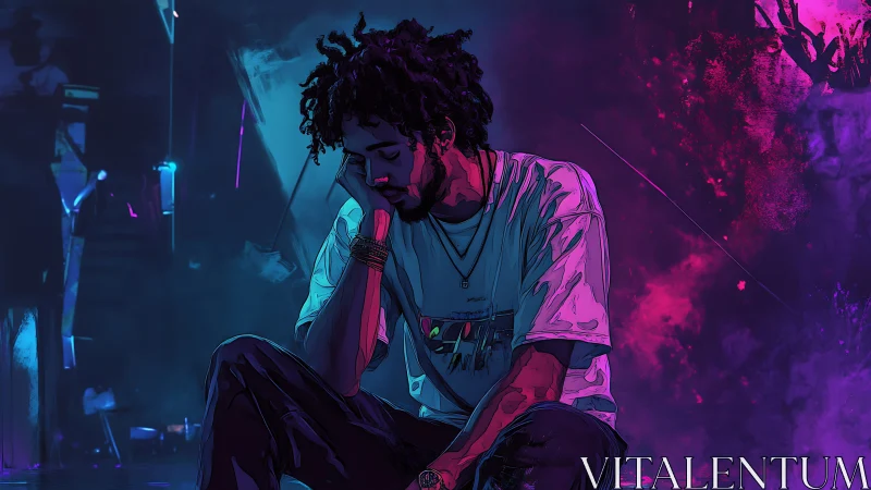 Neon midnight cradles a lone thinker in neon-blue gloom