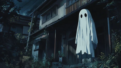 Lonely sheet ghost drifts before an eerie old house at night.