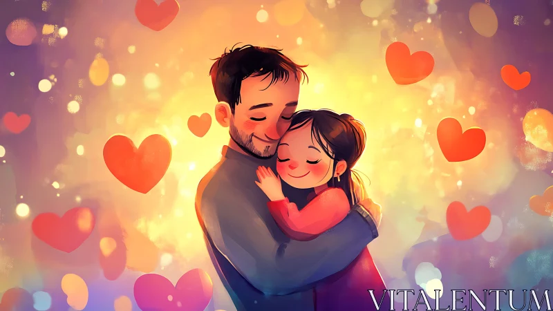 Luminescent Dual-Figure Embrace with Chromatic Heart Motif Array.