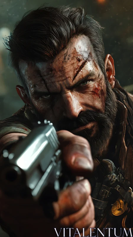 Battle-scarred soldier aims pistol with intense, cinematic focus