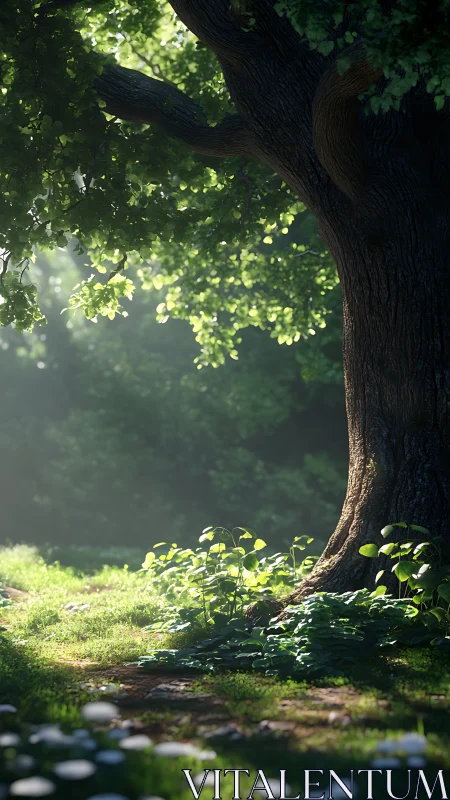 Ancient Oak Tree Bathed in Dappled Sunlight.