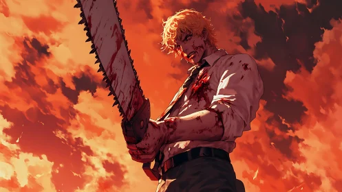 Bloodstained fighter beneath a wildfire sunset sky.