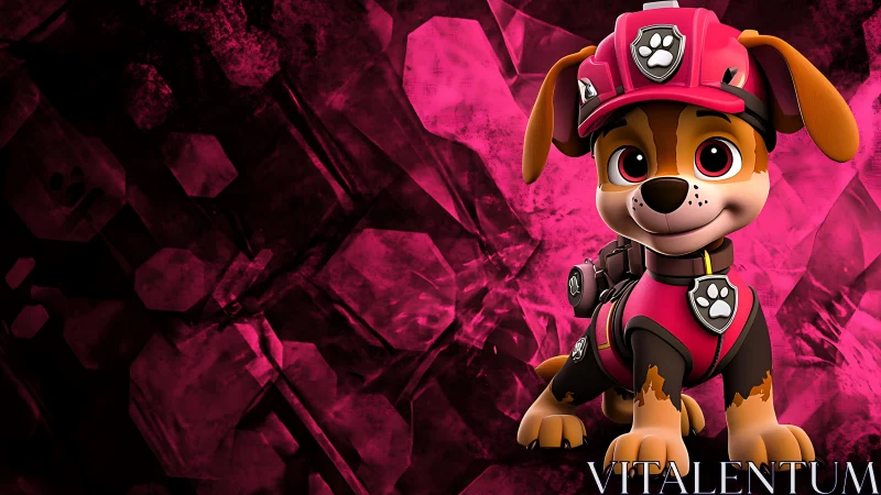 Cartoon rescue puppy in pink uniform on abstract background.