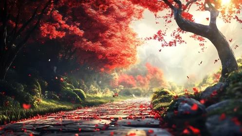 Sunlit stone path under vivid crimson forest canopy.