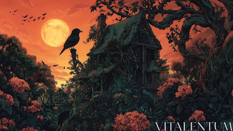 Crow guards overgrown cottage under glowing harvest moon sky
