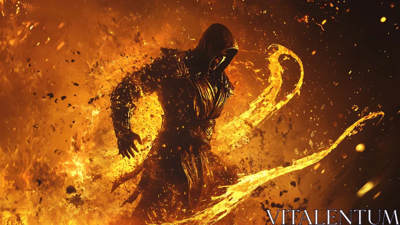 Hooded fire mage emerging from molten inferno swirl.