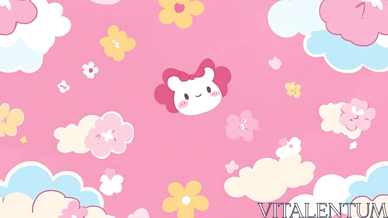 Cute pink sky filled with fluffy clouds and smiling friend.