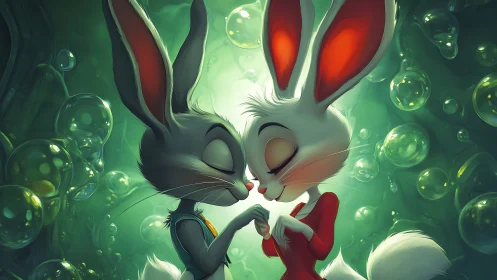 Cartoon rabbit couple share tender moment in green glow.