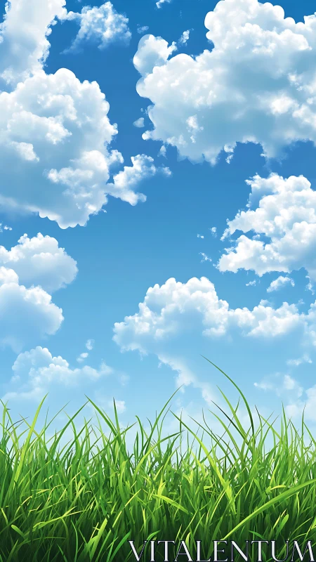 Sunny field of tall green grass under playful clouds.