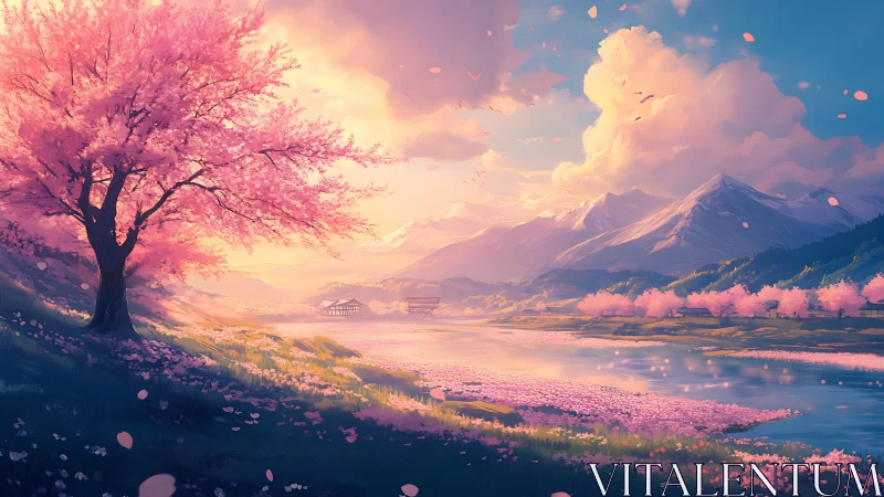 Cherry blossom tree overlooks river and distant snowy mountains