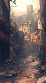 Post-apocalyptic canyon street with eroded highrise ruins