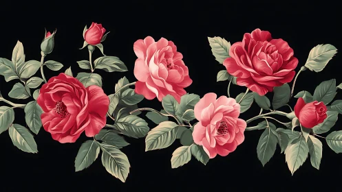 Botanical Rose Collection on Black Background Study