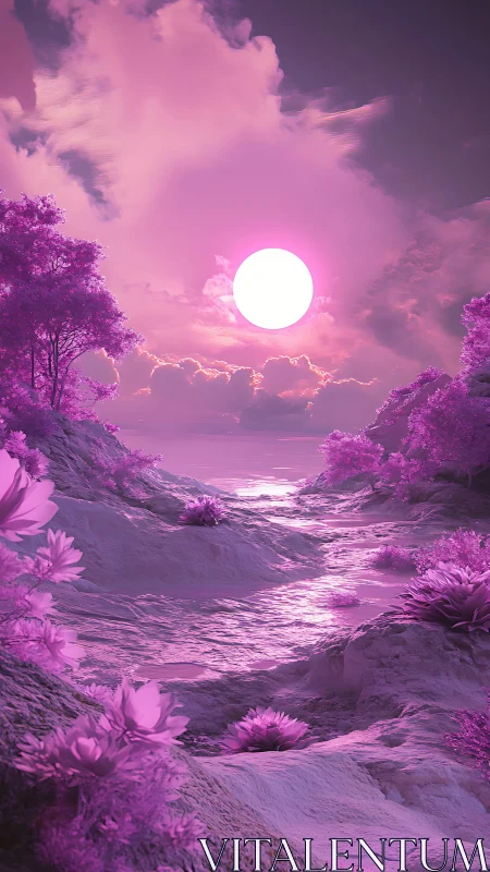 Vivid pink fantasy shoreline under glowing full sun.