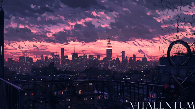 Twilight urban skyline from rooftop vantage with cinematic depth.