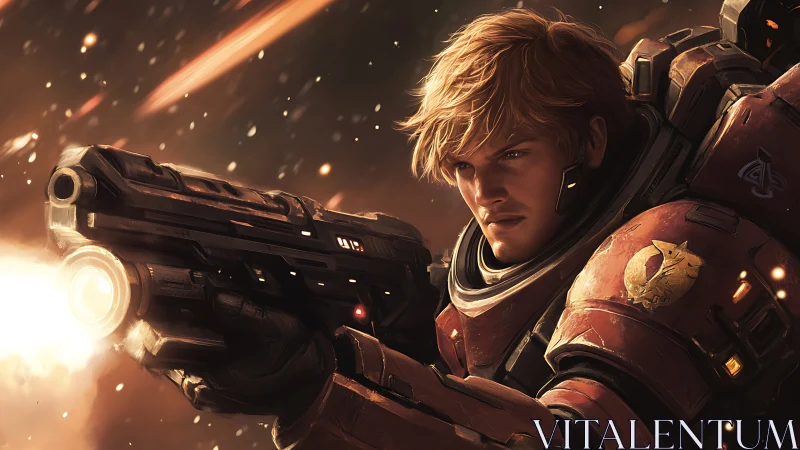 Digital painting of armored space marine in kinetic combat portrait.