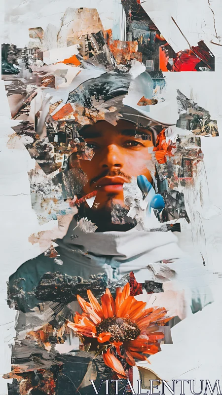 Collaged daydreamer wrapped in petals, rubble, and quiet fire.