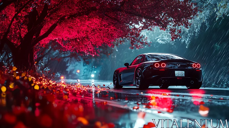 Neon rainlit sports car under crimson canopy, digital rendering.