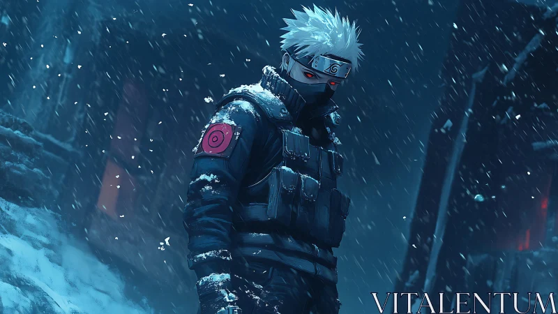 Masked anime ninja in dark snowy urban night setting.