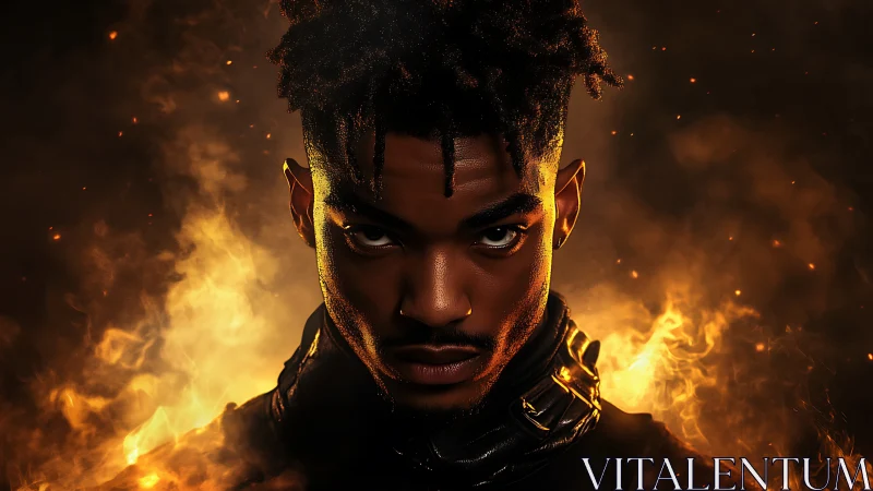 Intense cyber warrior emerges from blazing cinematic fire