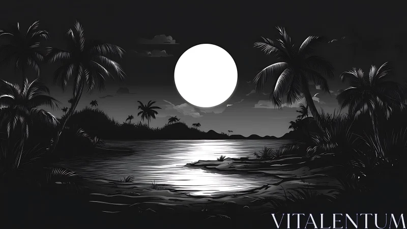 Nocturnal riverside landscape with celestial moon and tropical vegetation.