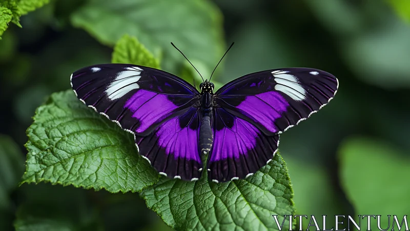 Purple butterfly rests on green leaf with wings fully open