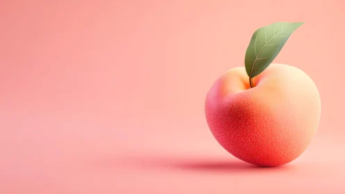 Realistic peach fruit with leaf on pastel pink background, minimalistic style.