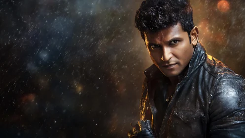 Stormlit leather rogue staring down the rain-soaked night.