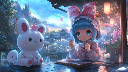 Blue haired girl paints rabbit plush beside lantern lit town