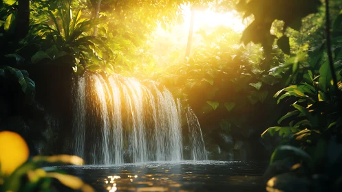 Radiant jungle cascade with volumetric sunlight scattering.