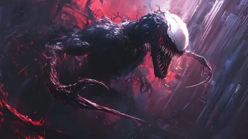 Symbiotic monster lunges through neon storm of tendrils