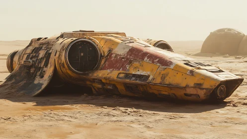 Weathered sci-fi spacecraft wreck resting on desert sand.