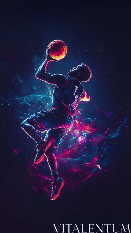 Neon night dunk suspended in swirling cosmic color.